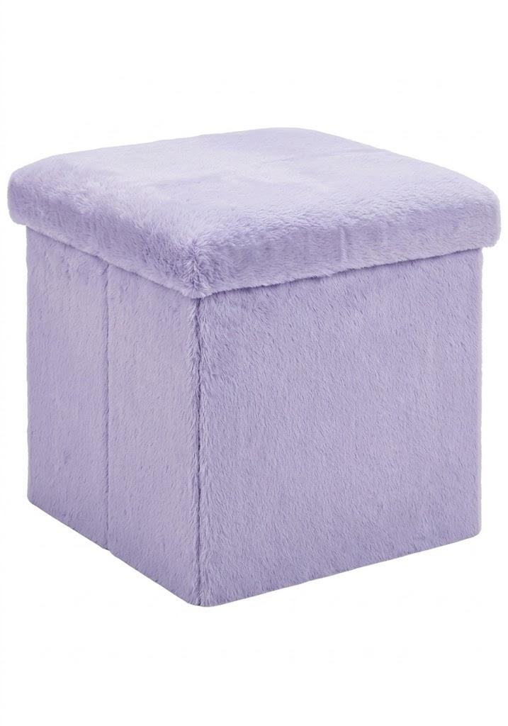 17-Inch Folding Storage Ottoman Cube, Faux Fur Pouf Foot Rest, Velvet Plush Toy Box Organizer, Decorative Memory Foam Footstool with Removable Lid for Bedroom, Living Room, Lavender Purple