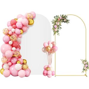 7.2FT Metal Arch Backdrop Stand and Cover Set, Gold Wedding Backdrop Arch Stand with Cover, Balloon Arch Stand with White Arch Cover for Birthday Party Baby Shower Graduation Ceremony Decorations