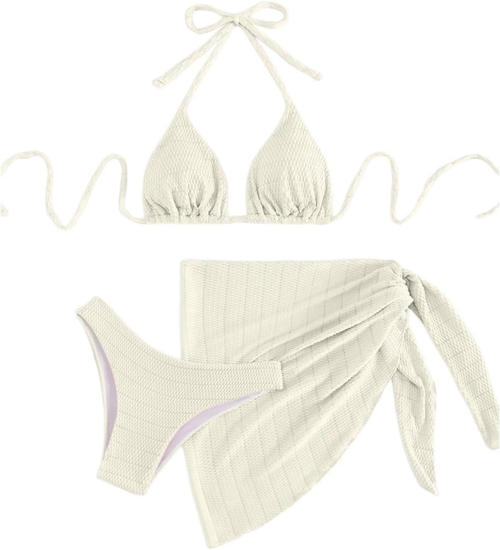 SHENHE Women's 3 Piece Textured High Cut Halter Triangle Bikini Swimsuit with Cover Up, XS