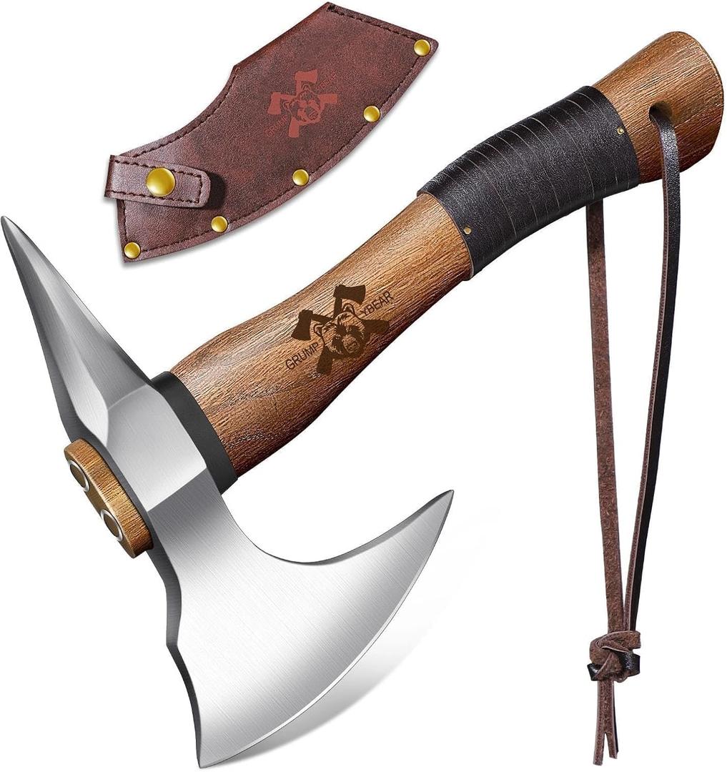 Grumpy Bear 11" Survival Axe Camping Hatchet  Forged High Carbon Steel Blade with Walnut Wood Handle  Shock-Absorbing, Anti-Slip Grip  Ideal for Bushcraft, Wood Splitting & Outdoor Adventures (Silver-Short-Plus)