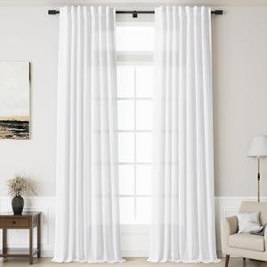 Nanspring White Linen Curtains for Living Room Extra Long Back Tab Curtains 2 Panels Set 204 Inches Long Farmhouse Light Filtering Semi Sheer Linen Drapes Ceiling to Floor for Large Window 52x204