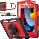 SEYMAC stock Case for iPad 9th/ 8th/ 7th Generation 10.2'', Shockproof with Screen Protector, Pencil Holder [360 Rotating Hand Strap] & Stand, for iPad 10.2 inch 2021-2019 (Red+SiliconeBlack)