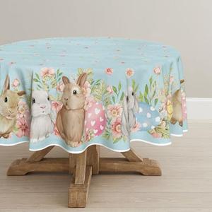Horaldaily Easter Tablecloth 90×90 Inch Round, Spring Bunnies Blue Wood Grain Washable Seasonal Table Cover for Party Picnic Dinner Decor