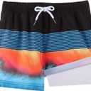 BRISIRA Boys Swim Trunks Bathing Suit Compression Boxer Brief Liner Swim Shorts Swimsuit Anti-Chafe Toddler Kids Youth Teen (7, Stripeblack&blue)
