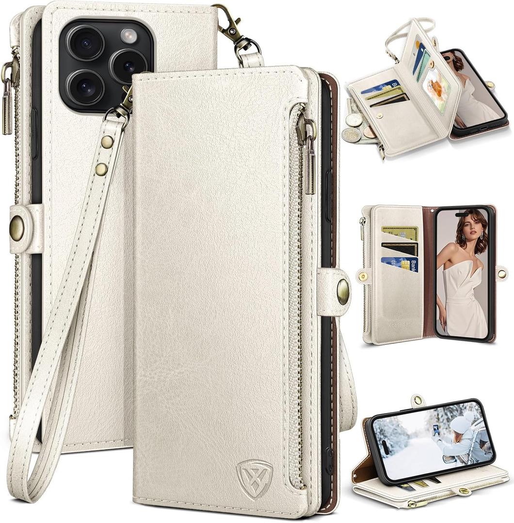 XcaseBar compatible with iPhone 16 Pro Max 6.9" Wallet case with Zipper Credit Card HolderRFID Blocking,Flip Folio Book PU Leather Phone case Shockproof Cover Men Women for Apple16 ProMax case White