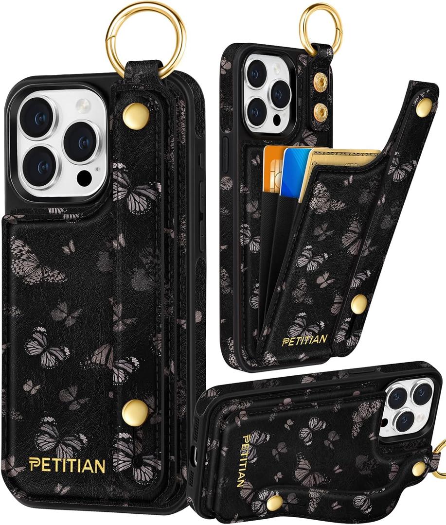 Petitian for iPhone 14 Pro Max Case with Wallet - Women Girls Cute Girly Aesthetic Unique Design Leather Credit Card Holder Cardholder Stand Wristband for iPhone 14 Pro Max, Black Butterfly