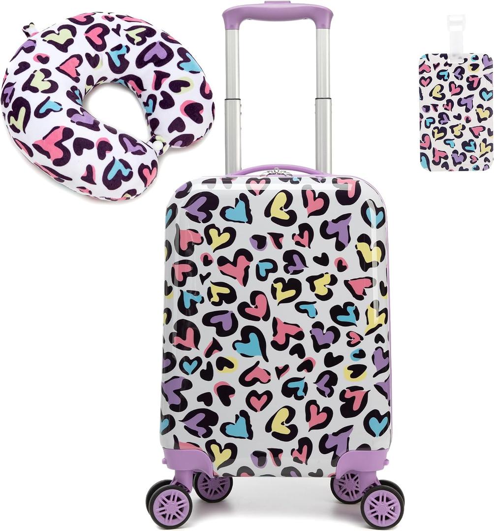 Kid's Luggage Set 2 Piece Suitcase Set Hardside Luggage with Spinner Wheels Girls Carry on Toddler Travel Rolling Suitcase with Neck Pillow Airline Approved