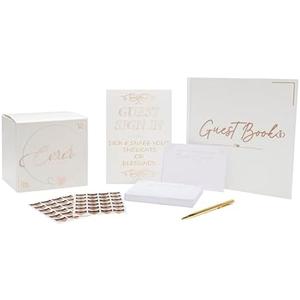 Wedding Guest Book Set – 6 Pieces | Premium Linen Guestbook with 100 Pages, Memory Cards, Pen, Card Box, Stickers – Elegant Wedding Decor for Special Events
