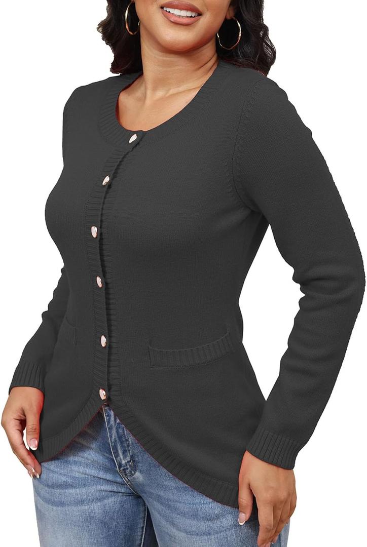 Fall Cardigan Sweaters for Women Button Down Long Sleeve Open Front Ribbed Trim Elegant Winter Knit Fitted Outwear (Black, L)