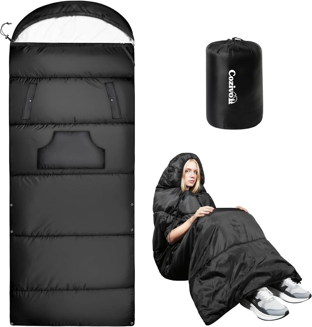 Adjustable Height Sleeping Bag for Adults - Wearable 3-Season Lightweight Waterproof with Arm Ports & Windproof Hood Design for Camping Hiking Backpacking(31.5x87)