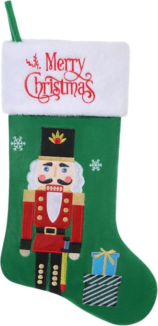 20 Inch Green Velvet Christmas Stocking with Nutcracker Soldier Embroidery, Fireplace Hanging Decor for Christmas Holiday Party Supplies