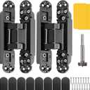 Invisible Door Hinges (2 pcs) -6 Inch Black Hidden Hinges for Doors, 3 Way Adjustable & 180 Deg Swing & Copper Support Invisible Hinge, Heavy-Duty Concealed Door Hinges 88Lbs Load-Bearing