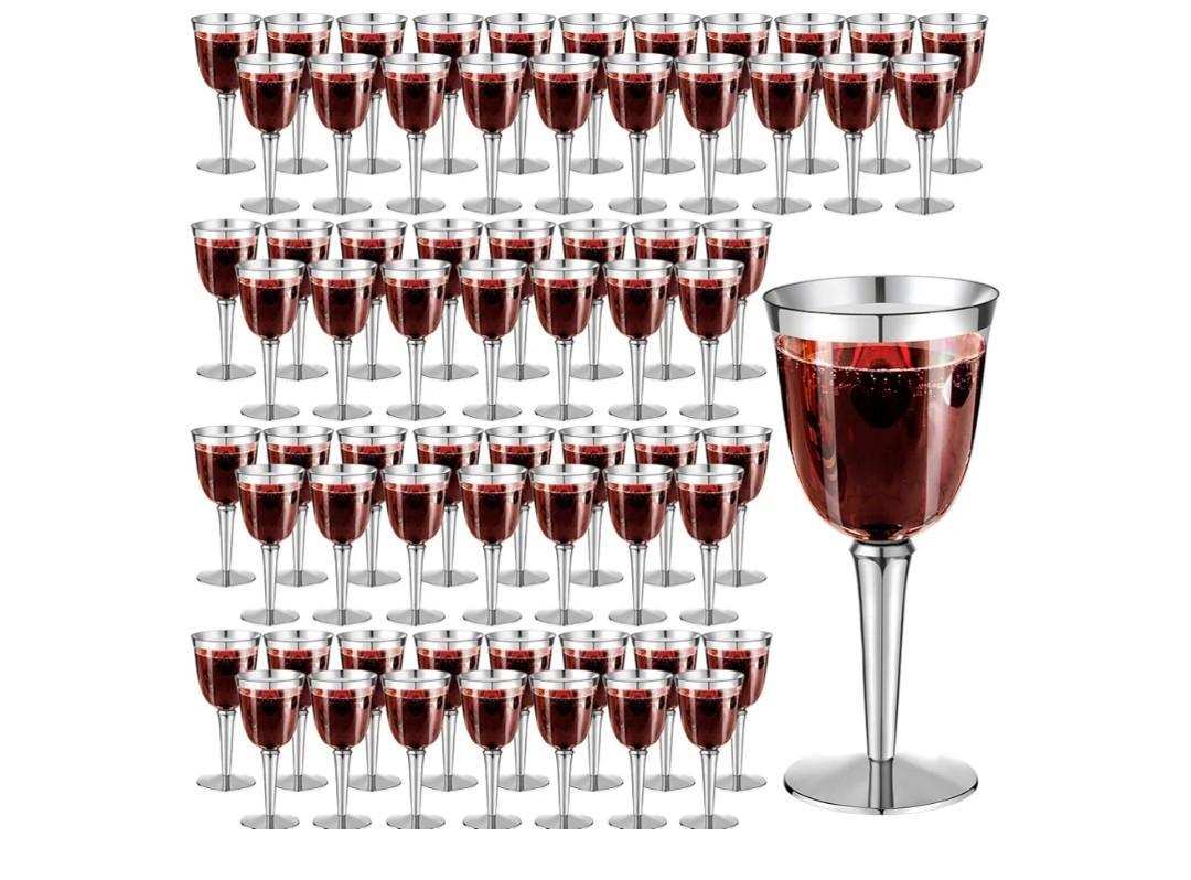 100 Pack Rimmed Disposable Plastic Wine Glasses Bulk 8 Oz Elegant Fancy Wine Cups Stemmed Wine Glasses Clear Cocktail Cups with Long Stem for Party Wedding Anniversary Birthday (Silver)