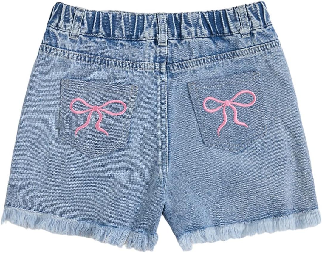 WDIRARA Girl's Bow Embroidered Ripped Denim Shorts Elastic High Waisted Raw Hem Jean Shorts