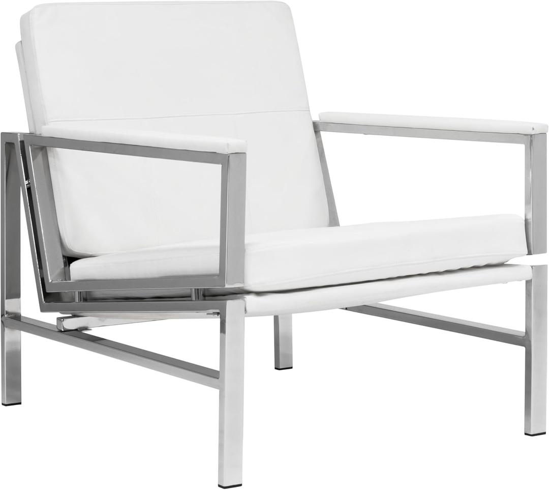 Atlas Modern Accent Chair in Blended Leather, Chrome/White