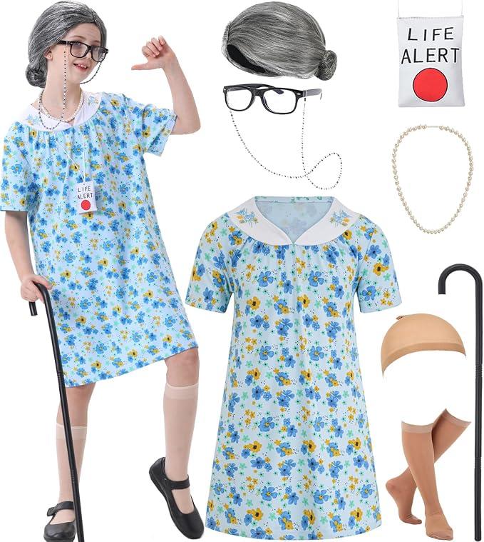 qnprt 100 Days of School Costume 100th Old Lady Costume for Kids Girls Grandma Dress Up Size 8