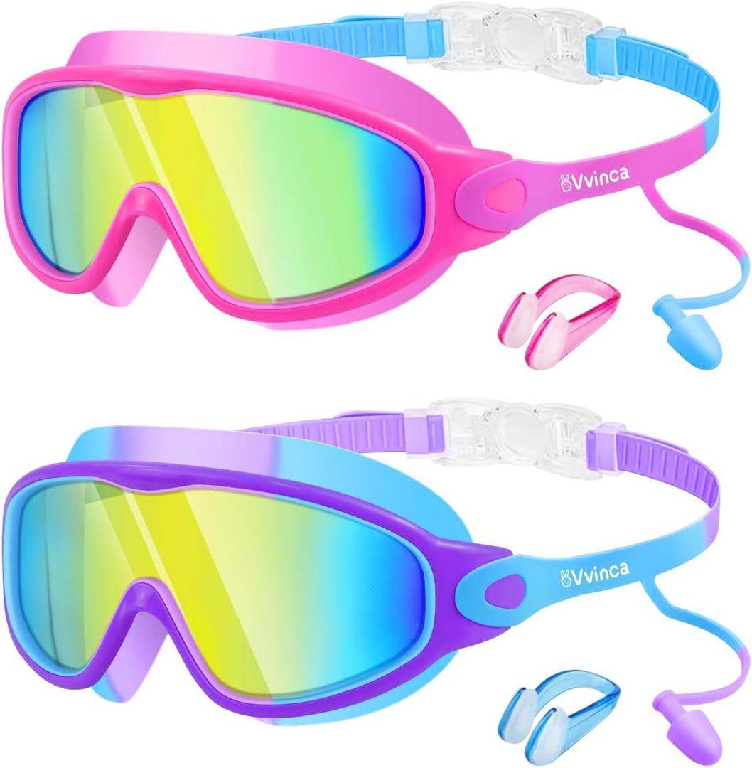 Vvinca Swim Goggles, Kids Goggles with Earplugs& Nose Clip Wide View Anti-Fog/UV Swimming Goggles for Age 3-15 Boys Girls (02-pink Purple)