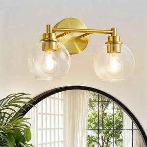Gold Bathroom Vanity Lights, 2-Light Wall Sconce with Glass Globe Shade, Vanity Lighting for Bathroom/Bedroom/Dressing Room, Vertical/Horizontal Mounted, E26 Bulb Base (Bulb Not Included)