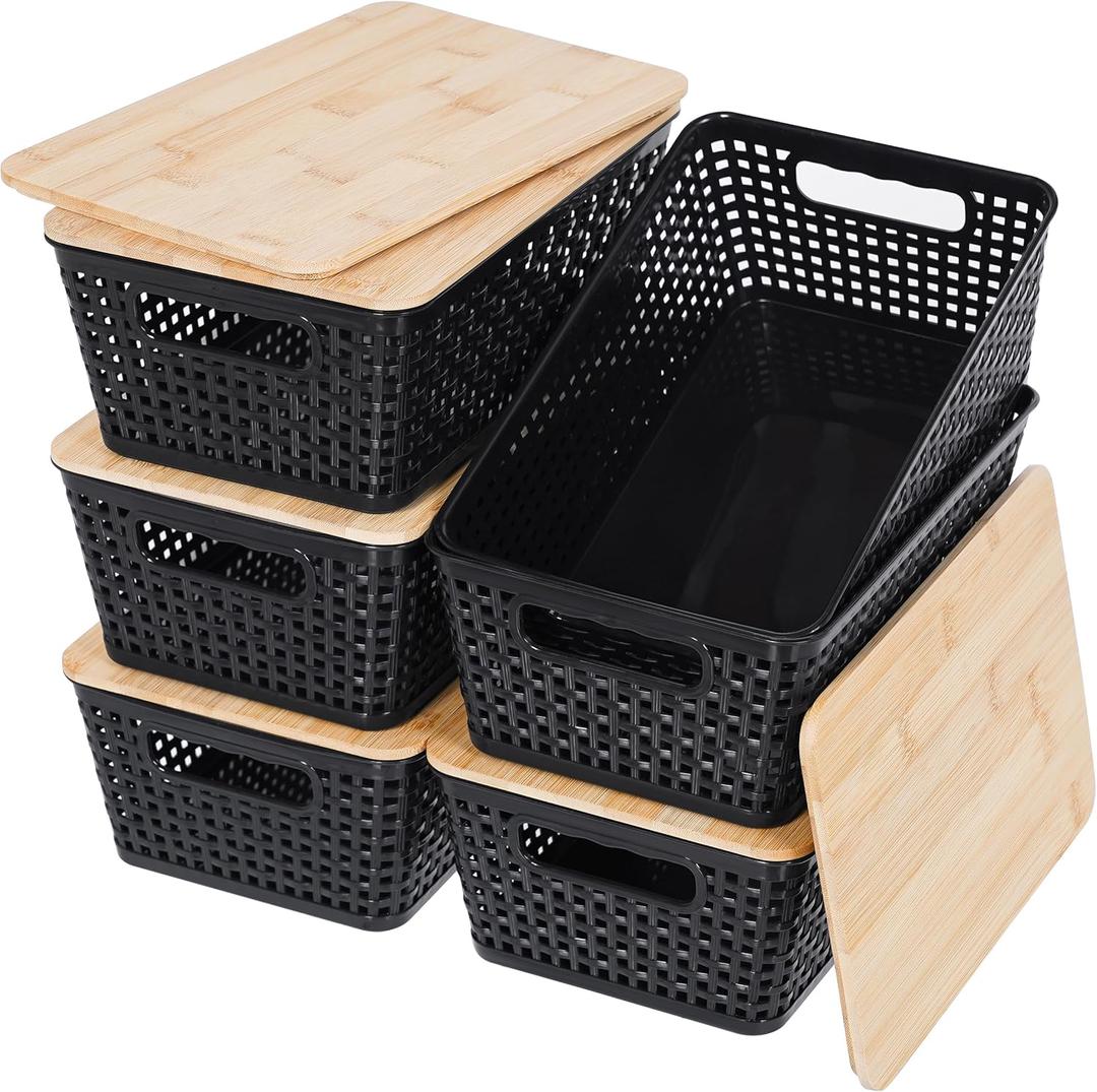 Storage Bins with Lids 6 Packs, Plastic Storage Bins with Bamboo Lids for Pantry Organization and Storage Containers for Shelves Drawers Desktop Closet Playroom Classroom Office Home, Black