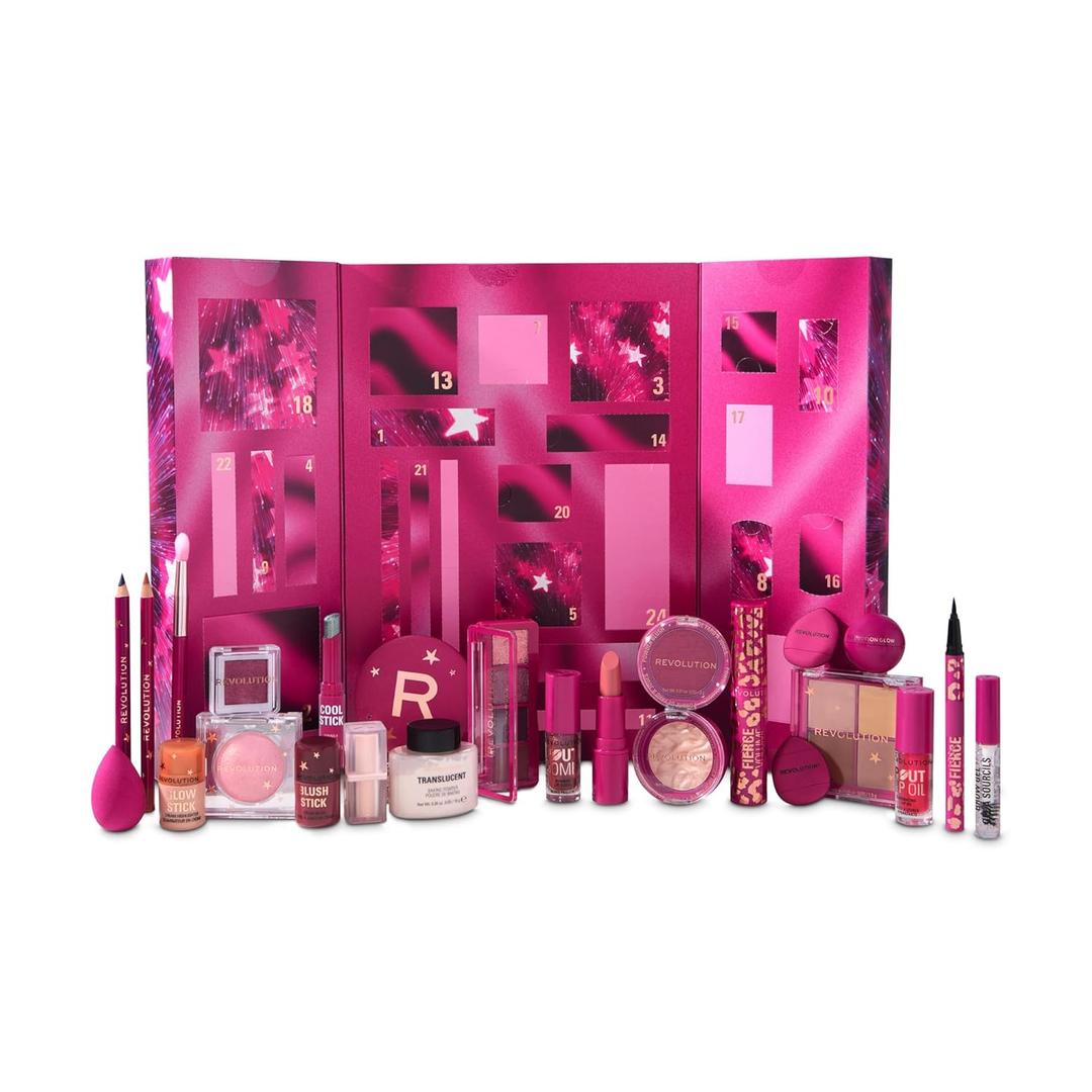 Revolution Makeup Advent Calendar, 24-Piece Beauty Gift Set for Lips, Eyes, & Face, Features Essential Cosmetics & Tools, Vegan & Cruelty-Free