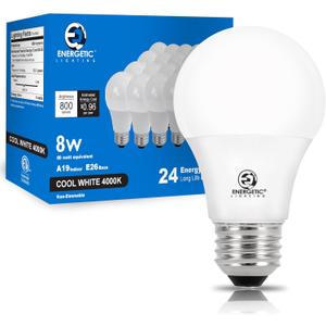 E ENERGETIC LIGHTING Light Bulbs 60 Watt Equivalent, A19 Cool White LED Light Bulbs, 15000 Hrs E26 Base, 8W, 800LM, 4000K Light Bulb, ETL Listed, Non-Dimmable, 24-Pack