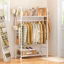 Portable Clothes Rack with Adjustable Shelf Divider, Freestanding Closet Organizers and Storage, Garment Rack and Purse Storage with 8 Hooks, Clothes Organizer on Wheels for Hanging Clothes, White