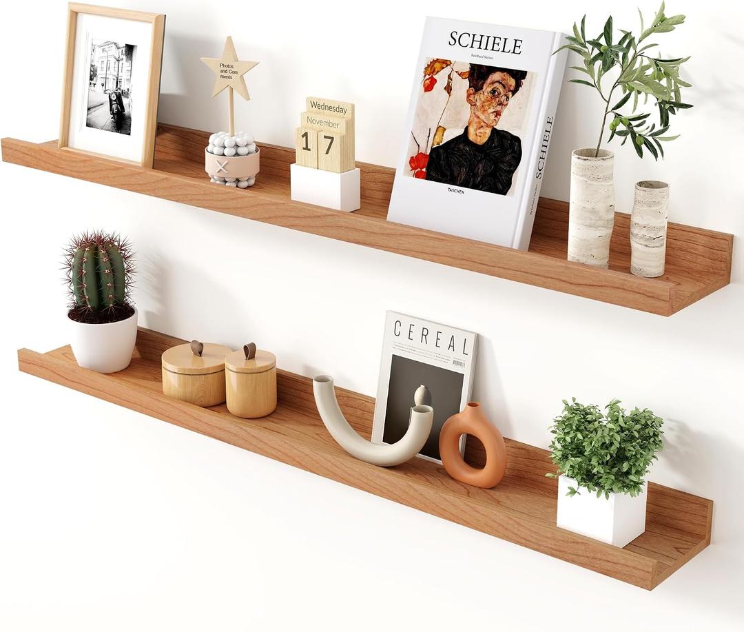 Axeman Cherry Picture Ledge Shelf, 36 Inch Floating Shelves Set of 2, Solid Wood Wall Shelves with Lip, Wall Decor Storage for Bedroom Living Room Bathroom Kitchen Nursery Photo, Natural Cherry