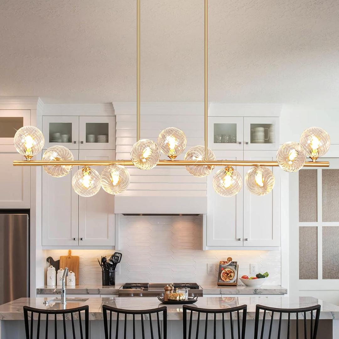 Linear Chandeliers for Dining Room 51" Gold Linear Pendant Light with Clear Swirled Globe Dining Chandeliers Over Table Rectangular Chandelier for Dining Room Kitchen Island, Copper Brass, 11 Light