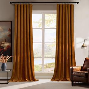 RYB HOME Fall Curtains Burnt Orange Velvet Curtains, Light Blocking, Thermal Insulated, Terracotta Luxury Window Treatment Privacy Backdrops for Bedroom Living Room, 52 inch x 84 inches, 2 Panels (Golden Oak)