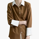 Solid Women's Shirt Spring Autumn Loose Fashion Button Long Sleeve Blouses for Turn-Down Collar Shirts, Size XL