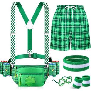 St Patricks Day Accessories Leprechaun Costume Green Fanny Pack with Drink Holder Irish Shamrock Shorts for Men(Plaid,L)