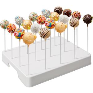 20-Hole Cake Pop Stand with Large Spacing and Taller Height, Easy to Use Upgraded Lollipop Holder & Cake Pop Holder with 100 Sticks, 100 Bags & 100 Ties, Dessert Table Display White