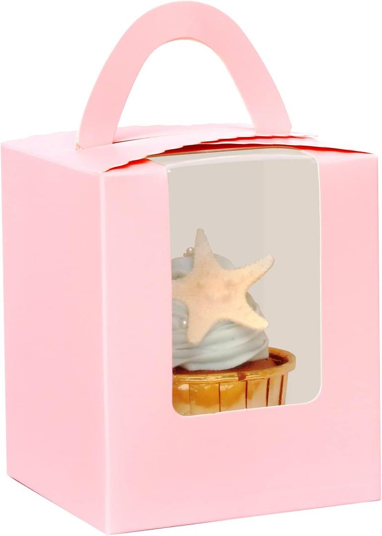 qiqee Pink Cupcake Boxes Individual 100 Packs Cupcake Holders Disposable Single Cupcake Boxes with Window 3.6" 3.6"*4.3" Cupcake Containers