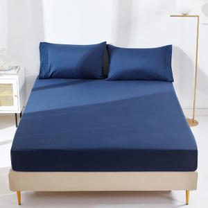 YIYEA Fitted Sheet with Pillowcase, 1800TC Hotel Quality Double Brushed Microfiber Deep Pocket Fitted Sheet Twin Size, Ultra Soft Fitted Bottom Sheet, Shrinkage, Fade Resistant (Twin, Navy)