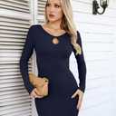 VICHYIE Women Dress Cutout Neck Bodycon Keyhole Ribbed Long Sleeve Tight Fall Mid Thigh Pencil Above Knee Mini Dresses Navy XL (Blue, XL)