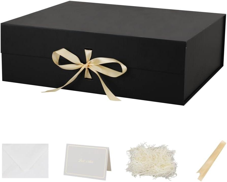 BoxSkivra Black Extra Large Gift Box with Lid 1 Pack 19x16x6 Inch Large Gift Boxes with Crinkle Paper & Card Magnetic Gift Box with Ribbon for Wedding Dress, 1 count