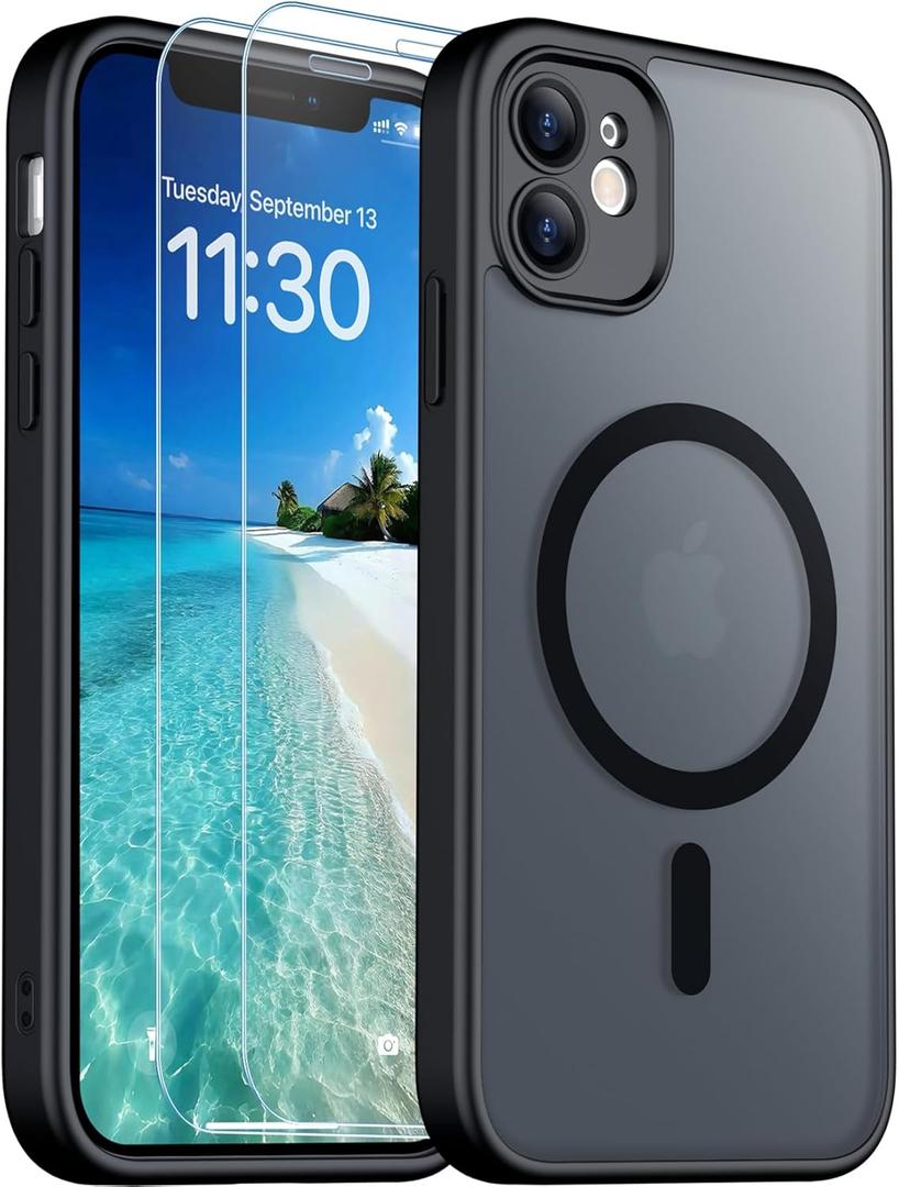 SPIDERCASE for iPhone 11 Phone Case, Magnetic Translucent Matte Case with 2PCS Tempered Glass Screen Protector Slim Phone Case for iPhone 11 6.1'', Black