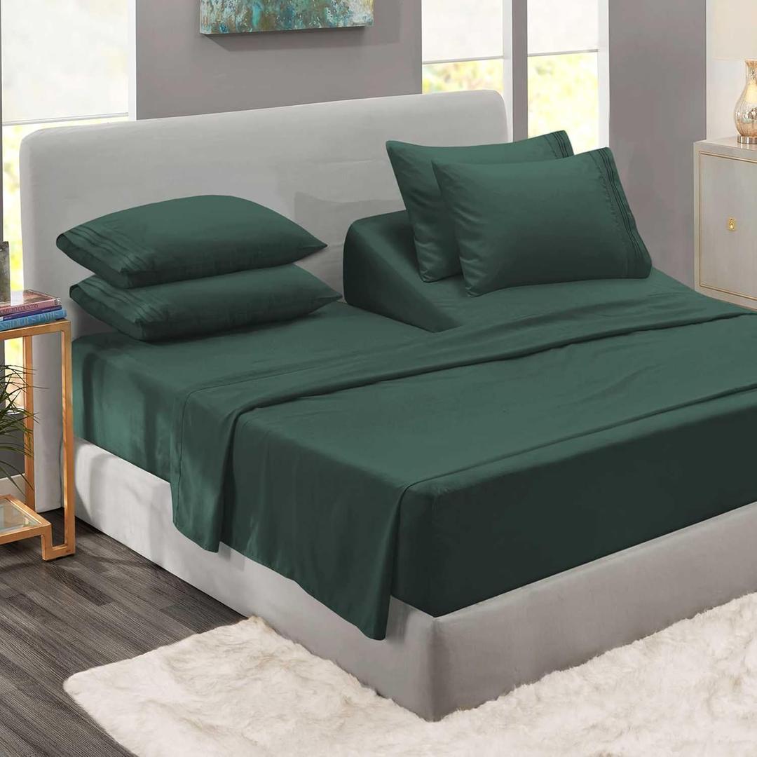 Clara Clark Flex Top King Sheets - Hotel Luxury 6 Piece Bed Sheets for Top Split King Bed - Soft Bedding Sheets & Pillowcases, Head Split King Size, Forest Green
