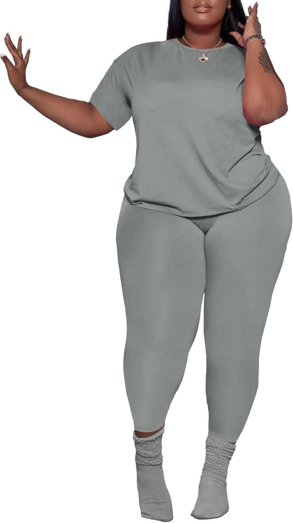 PINSV Women's Plus Size 2 Piece Outfits Tracksuits Short Sleeve Top Pants Sets Sweatsuits (XX-Large Plus, Grey)