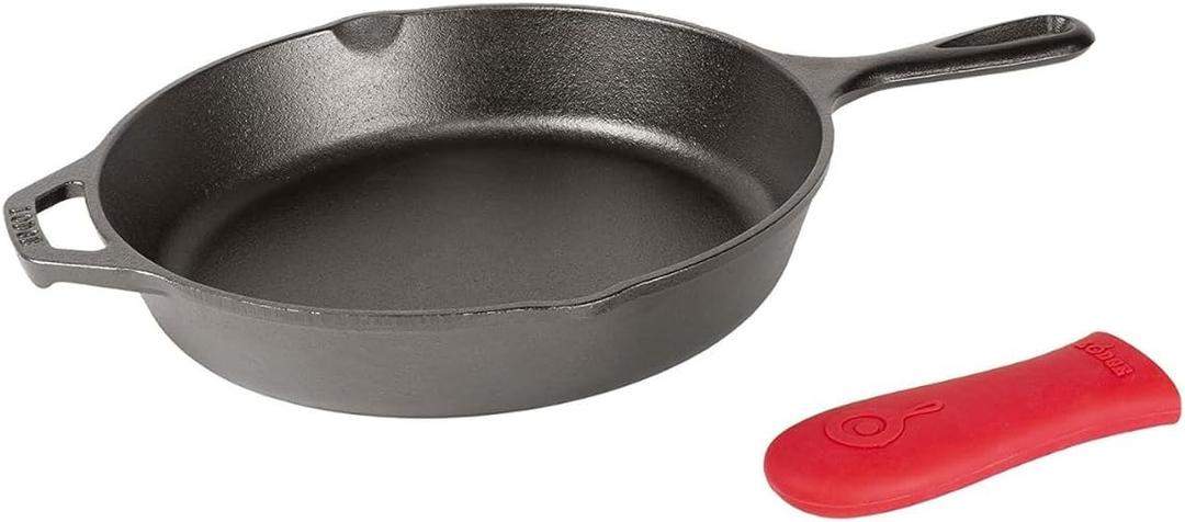 Lodge 12 Inch Cast Iron Skillet with Red Silicone Hot Handle Holder  Pre-Seasoned Frying Pan for Stove, Oven, Grill & Campfire  Made in the USA  Durable, Nonstick Cast Iron Cookware  Black