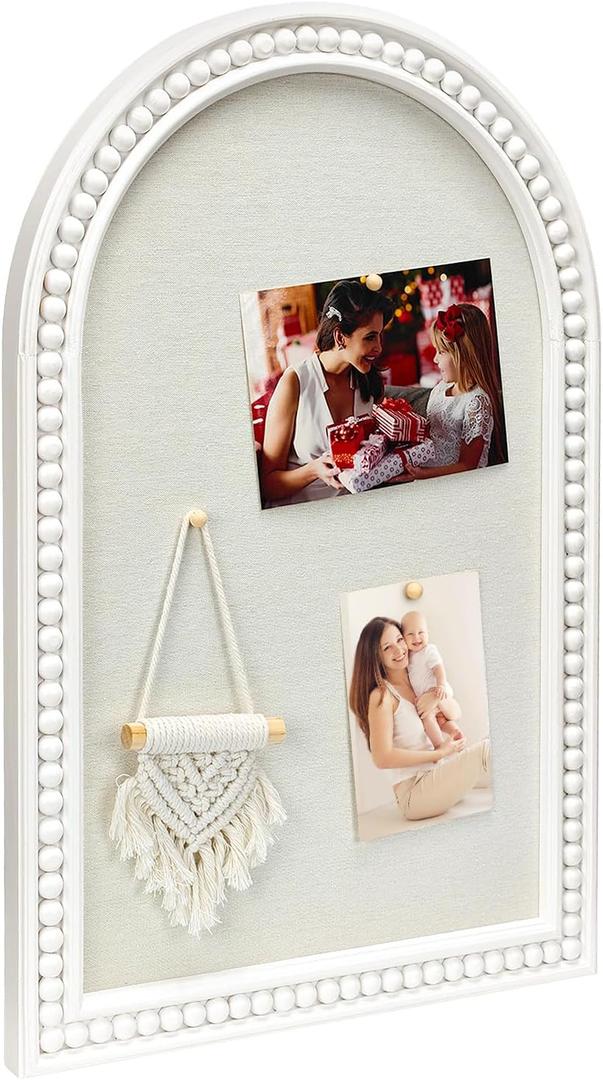 16" x 24" Linen Bulletin Board, Arched White Wood Frame with Beaded Trim, Decorative Pin Board Wall Organizer for Photos, Notes, Memo & Vision Board, 4060WH