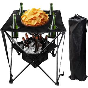 OVENTE Collapsible Folding Camping Table with Insulated Cooler, 4 Cup Holders, Food Basket and Travel Bag, Portable Tailgating Table for Fishing, Outdoor Barbecue or Beach Parties, Black POTC0014B, 22 inches x 22 inches x 25 inches