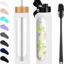FULBEVY 32 oz Glass Water Bottles - 1 Liter Motivational Tumbler Water Bottle Time Marker - Borosilicate Glass Water Bottle With Silicone Sleeve and 2 Lids, Handle Spout & Bamboo Straw Lid (White)