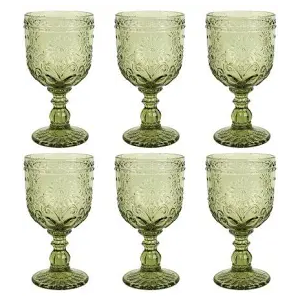 CHLJAR Vintage Wine Glasses Set of 6, 12 OZ Colored Glass Water Goblets, Embossed Floral Decorative Crystal Glass Cups Set, Dishwasher Safe, for Wedding, Party, Bars, Restaurants, Green