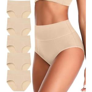 ASIMOON Tummy Control High Waisted Underwear for Women Cotton Plus Size Full Coverage Panties Ladies Briefs, 5pcs Large