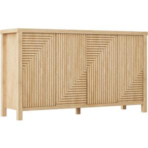 Buffet Cabinet with Storage, Fluted Sideboard Wood Accent Cabinet, Large Kitchen Buffet Storage Boho Console for Dining Room, Living Room, Entryway, Hallway - Natural Wood, 4 Doors