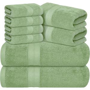 Avalon Towels Luxury 8 Piece Sage Green Towels Set, 2 Bath Towels, 2 Hand Towels and 4 Washcloths, 600 GSM 100% Ring Spun Cotton Highly Absorbent Green Bathroom Towels, Ideal for Hotel, Spa and Gym