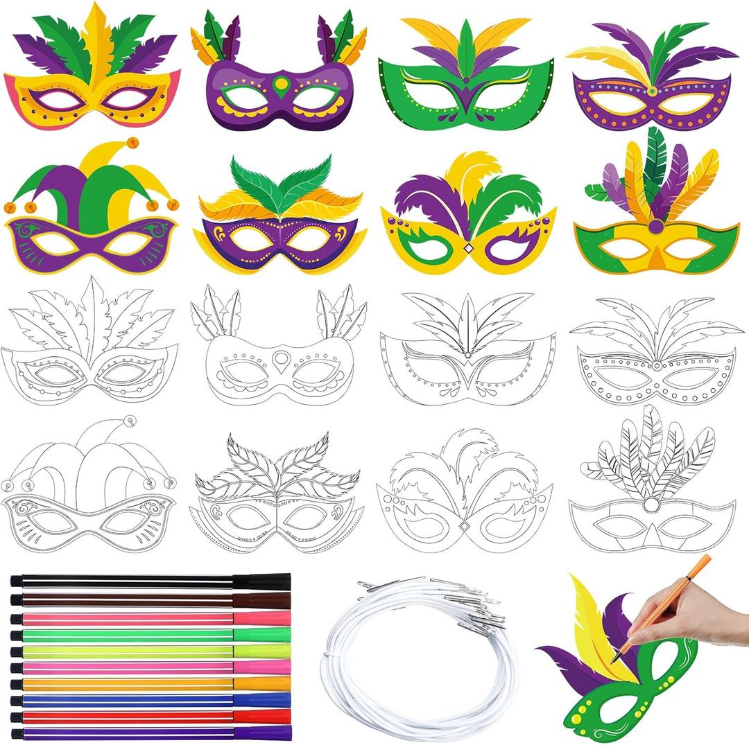 Lenwen 16 Pcs Mardi Gras Coloring Masks Color Your Own Mardi Gras Masks DIY Carnival Masquerade Craft Kits with Pens for Masquerade Birthday Classroom Activities Party Supplies(Carnival)