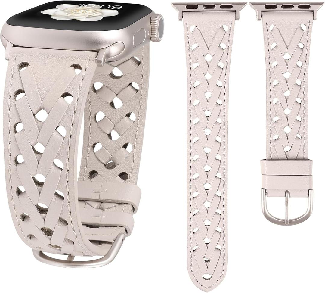 Wearlizer Leather Band Compatible with Apple Watch Band 41/40/38/44/45/46/49/42mm Women Men, Dressy Breathable Hollow-out Braided Strap for iWatch Bands Series 11 10 9 8 7 6 5 4 3 SE/Ultra 3 2 1 (Starlight/Starlight Buckle)