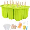12-Cavity Popsicles Molds Set Homemade Maker Ice Pop Mold Silicone Freezer Molds with 50 Popsicle Sticks 50 Popsicle Bags 50 Ties Funnel Recipes and Cleaning Brush (Green-1)